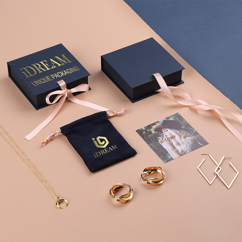 Boîte à bijoux en papier document bleu, bague, collier, ensemble de bijoux à rabat, logo personnalisé, nouveau design