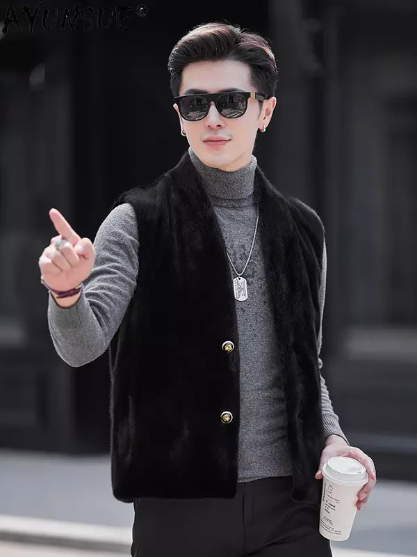 AYUNSUE-Real Mink Fur Vest para homens, casaco com decote em v, jaqueta sem mangas, pele natural, luxo, outono, inverno, 2023