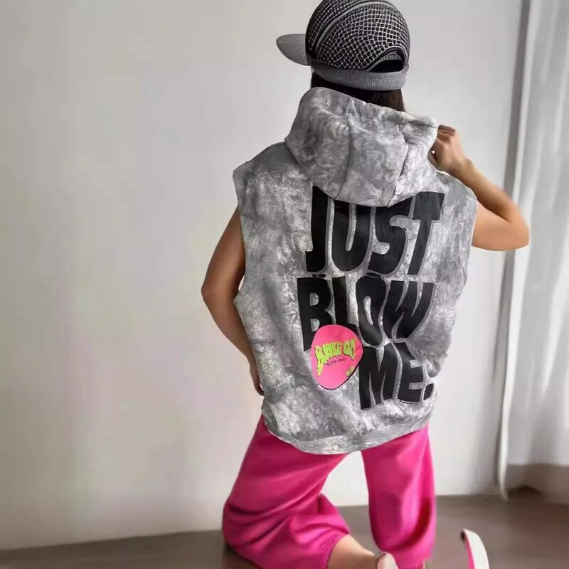 Back Letter Printed Hoodie Without Sleeves, Sporty And Trendy, Spicy Girl Versatile Pullover, Casual Top For Women