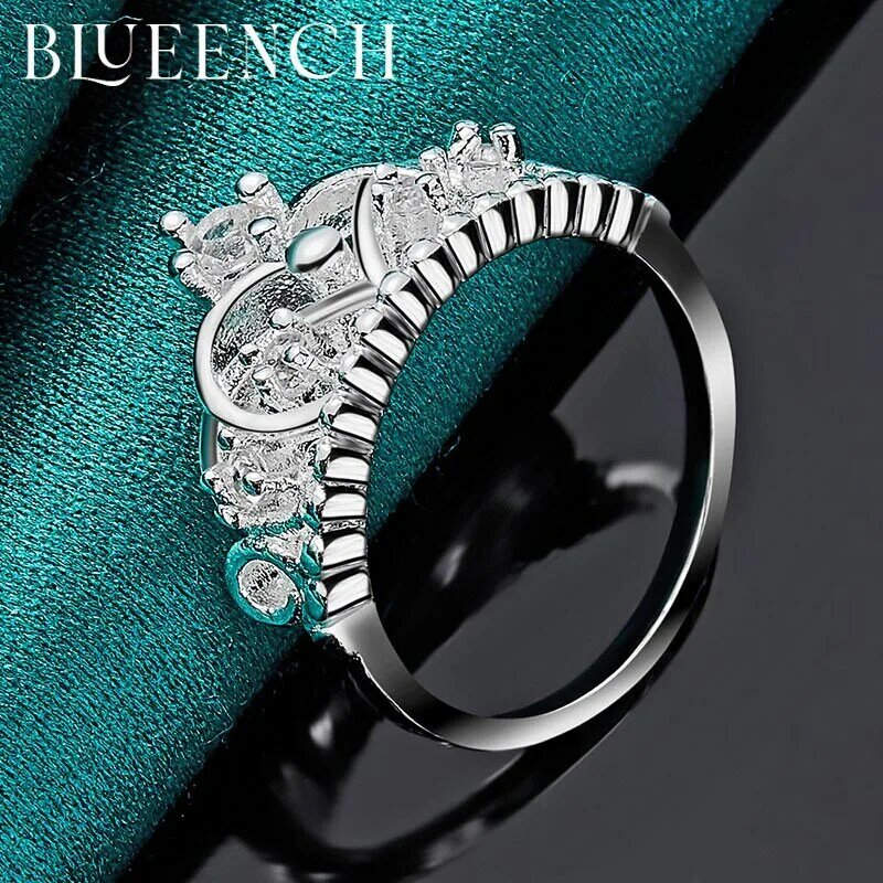 Blueench-Anillo de Plata de Ley 925 con forma de corona para mujer, sortija de circonita, abalorio para fiesta de boda, joyería de moda
