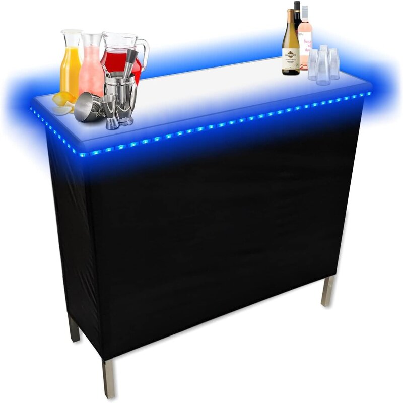 Barra de fiesta portátil plegable con 16 luces LED de colores y control remoto inalámbrico, faldas de barra, estante de almacenamiento y estuche de transporte, individual