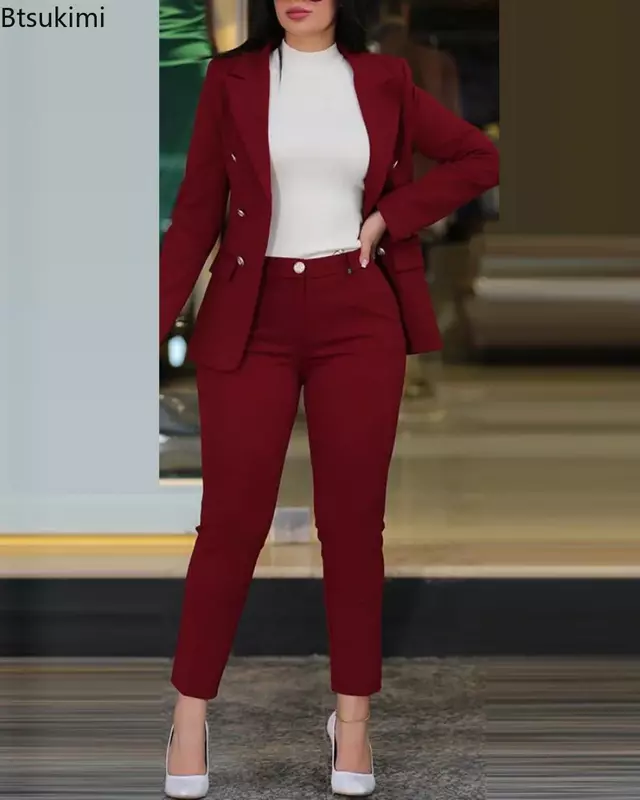 Женский офисный брючный костюм, комплект из двух предметов, двубортный пиджак и брюки, 2024