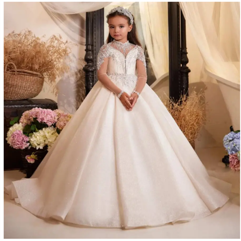 Princess Flower Girl Dress Luxurious Fluffy Trailing Wedding Sequins Full Sleeve Kids Birthday Party First Communion Ball Gowns