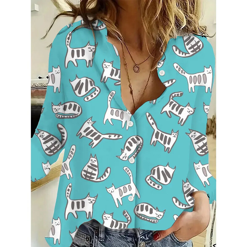 2024 New Funny Cat Color Printed Women's Shirt Casual Fit Summer 3D Printed Fashion Slim Long Sleeve Plus Size Top