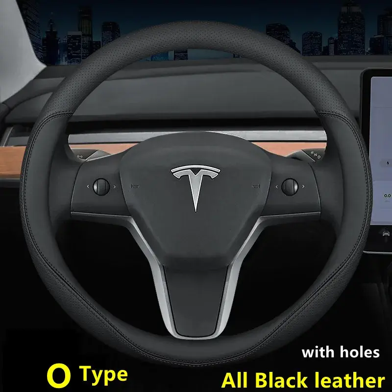 Nappa Lederen Auto Stuurhoes Voor Tesla Model 3 Y S X 2019 - 2023 4 Seizoenen 36-38 Cm Zwart Auto Interieuraccessoires