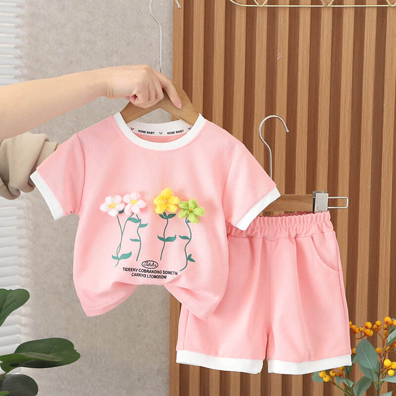 Koreanische Version des neuen Stils süßes Mädchen Baby Kurzarm Shorts gebratene Straße Kinder zweiteilige Mode Mädchen Sommer anzug