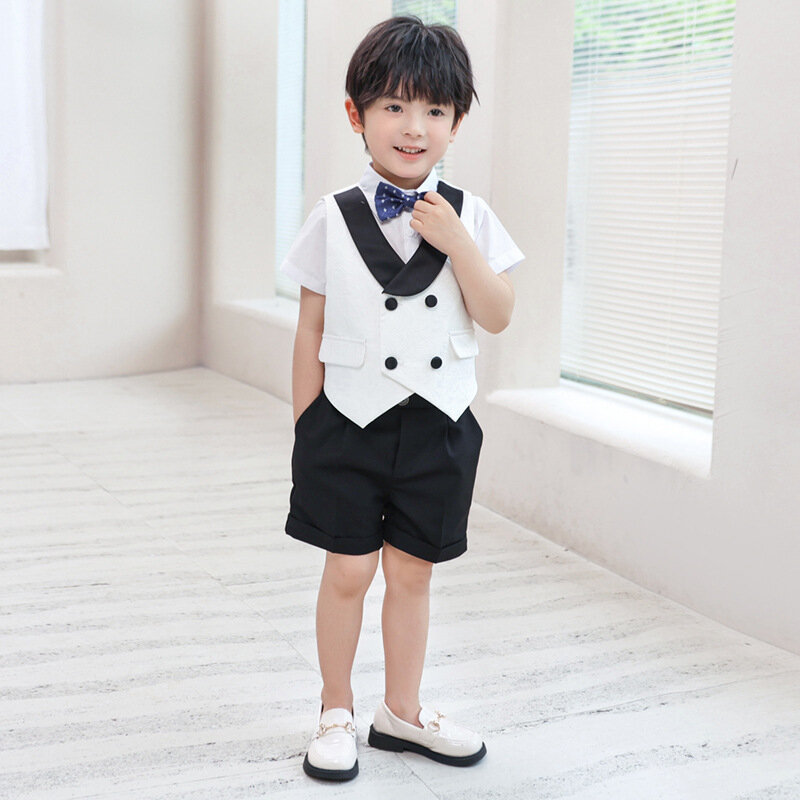 Prince Boys White Soft Breathable Photography Suit Children Vest Shirt Shorts Bowtie Birthday Costume Kids Wedding Party Dress