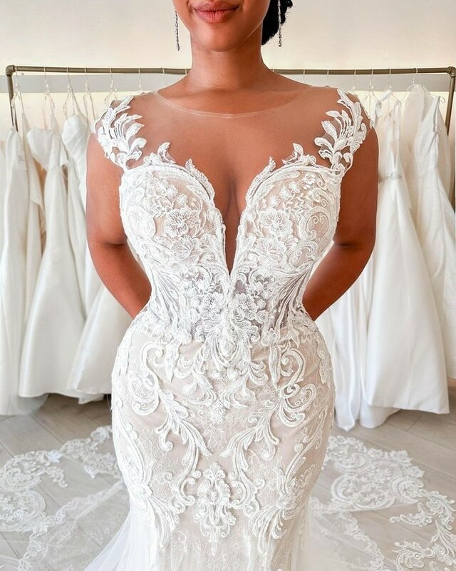 Luxuriously  Sheer Illusion Full Lace Applique Mermiad Wedding Dresses Custom Made Formal Bridal Grown 2023 Rode De Morrie