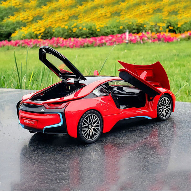 1:32 nowy samochód energetyczny Model samochodu sportowego odlewany Metal samochodów wyścigowych i8 samochód symulacyjny Model Sound Light zabawki prezent dla dzieci