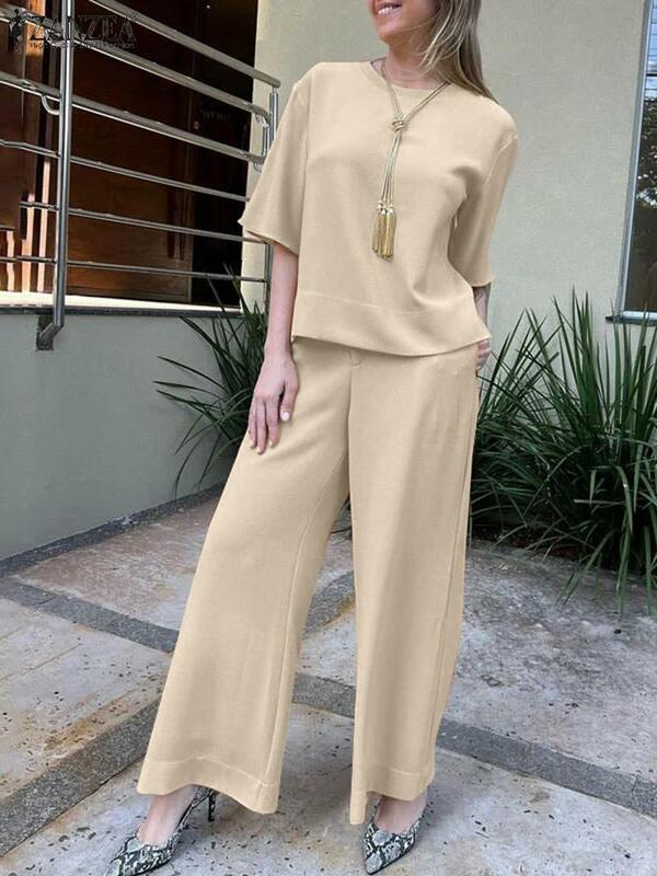 Комплект ZANZEA женский из 2 предметов, Повседневная Блузка с рукавом до локтя, однотонный костюм с мешковатыми длинными брюками, уличная одежда, оверсайз, лето 2024