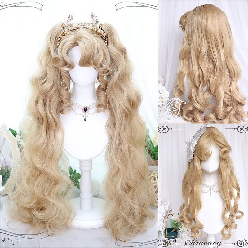 Wig Head Set Center Parted Bangs 32 Inch Lolita Natural Gorgeous Vintage Roman Curls Long Curly Hair Elegant Blonde Wig