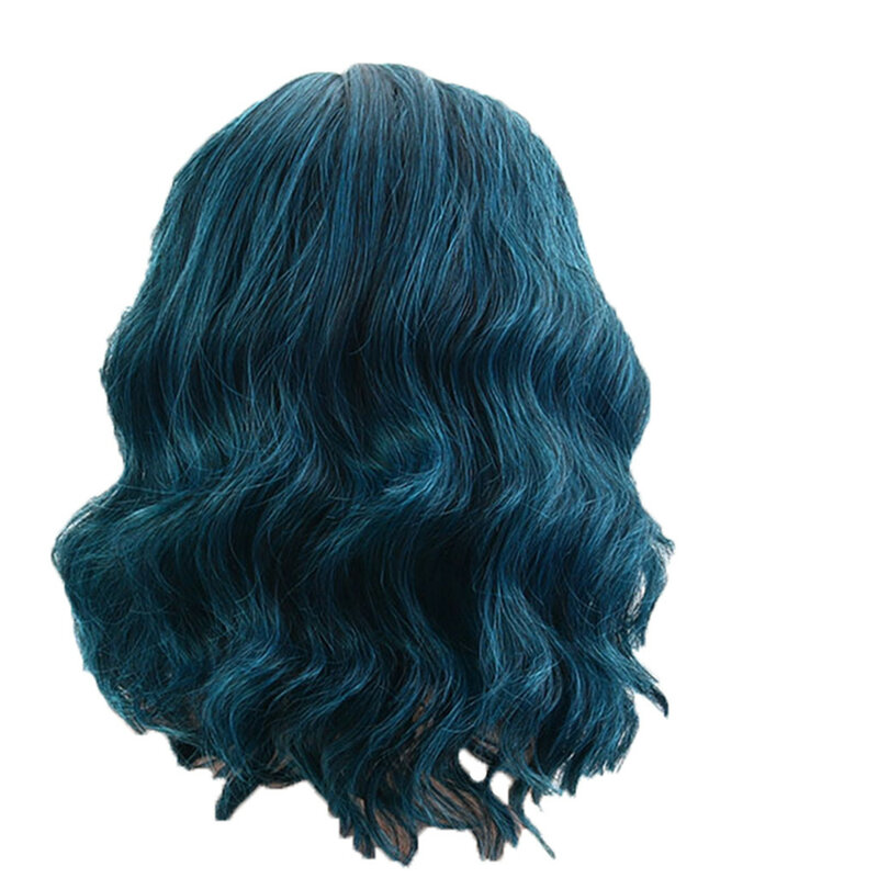 Wig Cosplay keriting untuk wanita, bagian sisi biru pendek suhu tinggi serat sutra Wig sintetis Wig rambut keriting alami harian