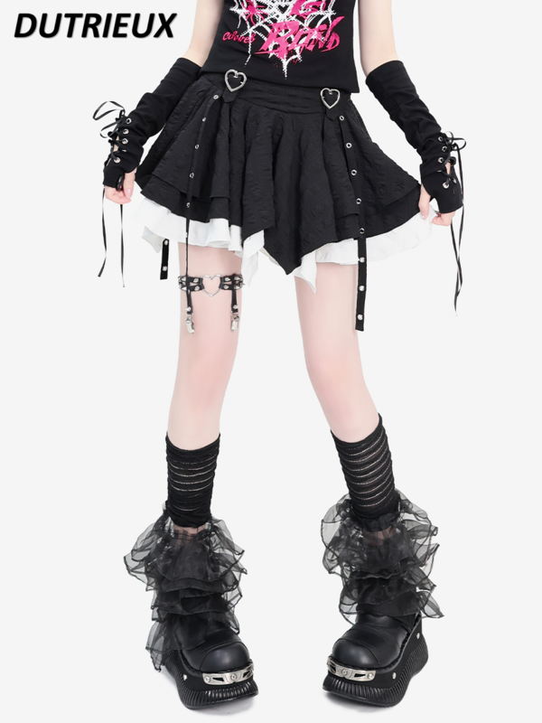 Double-Layer Black and White Color Matching Short Pleated Bubble Skirt Punk Style Summer New Sweet All-Matching Mini Skirts