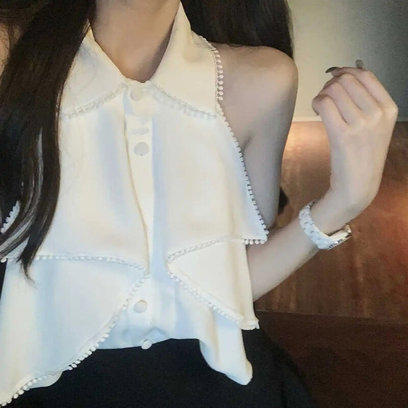 Blusa feminina de peito único, estilo francês, camisas chiques e doces, gola virada para baixo, blusas sem mangas, tops femininos elegantes, estilo coreano