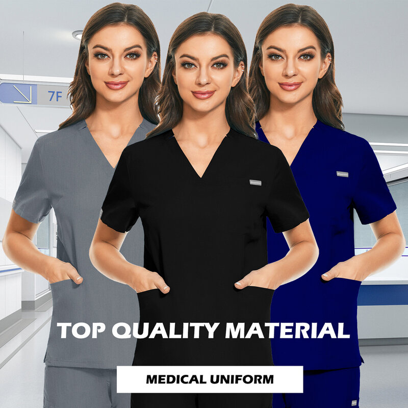 Uniforme médical d'infirmière unisexe, hauts de gommage de couleur unie pour femmes, uniforme d'infirmière décontracté, chemise de travail de médecin à col en v clinique