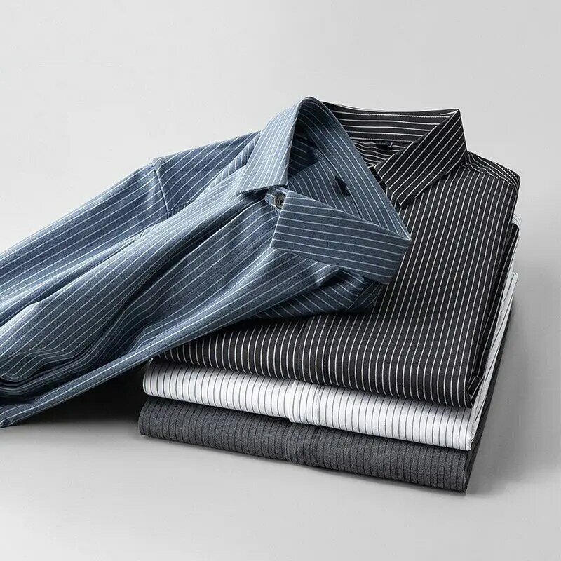 Camisa listrada de manga comprida masculina, casual para negócios formal, high-end, sem ferro, anti-rugas, estilo coreano, primavera e verão, 2-C2