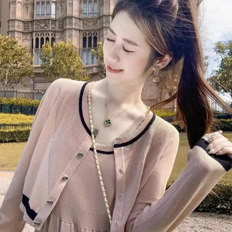 Fashion Set Of Sweater Female 2023 Autumn Knitted Cardigan Strap Dress Long Sleeve Two Piece Set Of Sweater Cardigan Female