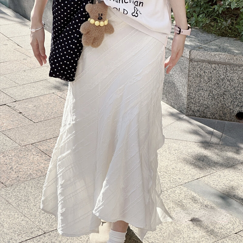Женская длинная юбка с оборками Deeptown, элегантная белая Асимметричная Милая юбка до щиколотки, простая Базовая трапециевидная юбка с оборками
