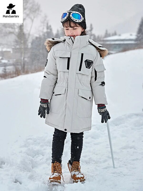 Casaco de pato à prova de vento com capuz para meninos e meninas, colarinho longo de pele de inverno, terno de esqui infantil