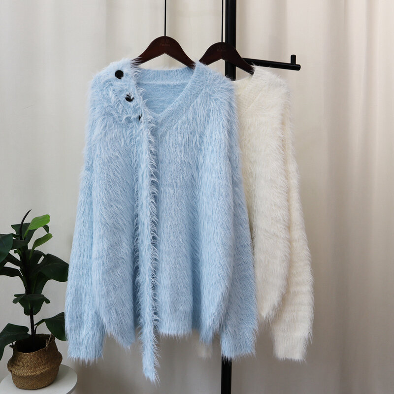 Hsa 2023 новый осенне-зимний норковый бархатный с v-образным вырезом французский свитер женский пуловер Свободный мохер ленивый милый плюшевый свитер верхняя одежда шикарные топы