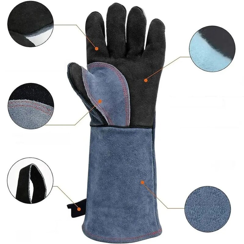 1Pair Black Welding Glove Anti-Heat Cowhide One Size Works Gloves Soldering Accessory Baking