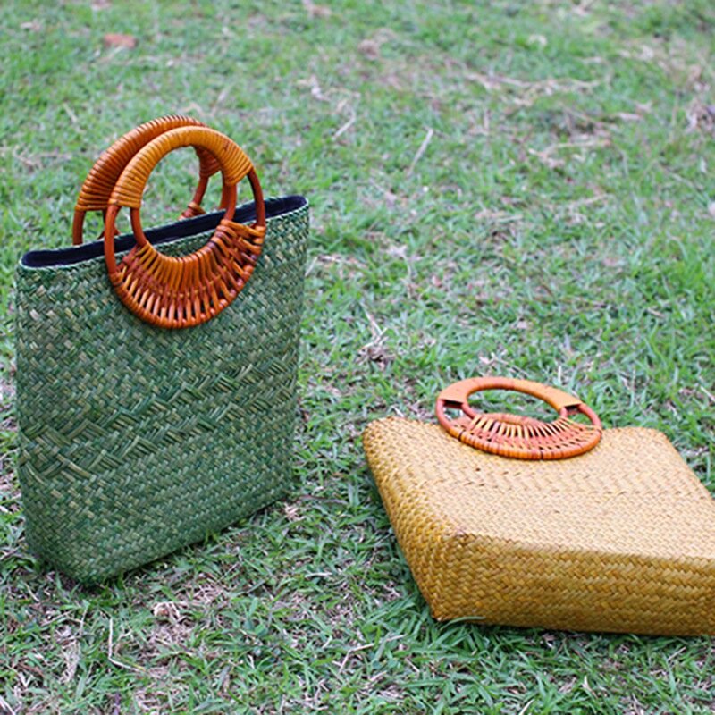女性のための手作りの籐織りバッグ,ハンドル付きの編まれたわらのビーチバッグ,休暇