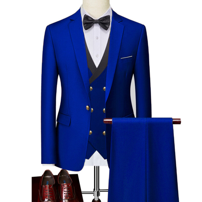 Setelan pakaian bisnis pria, Blazer, jaket, rompi, warna polos, kancing emas, kasual, baru, mode 2023
