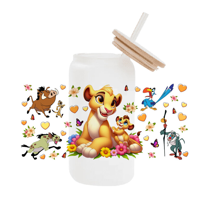Disney Mickey The Lion King Coffee Can Glass Wrap, 3D Waterproof UV DTF, Mama and Me para Libbey, 16oz