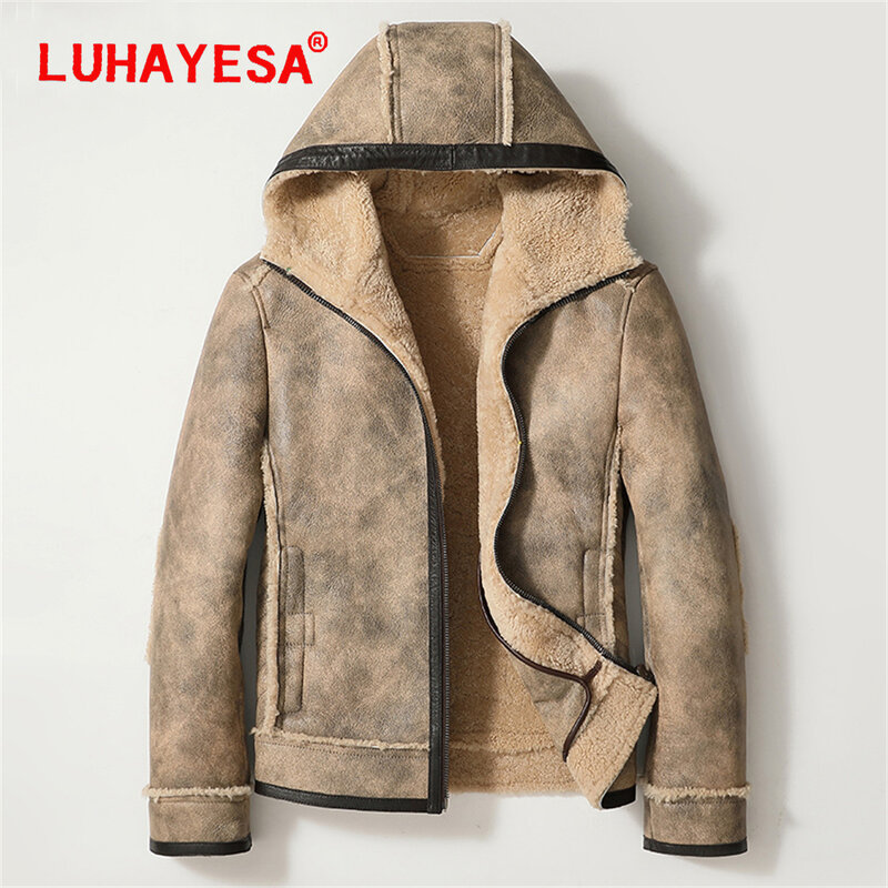 男性用の本物の毛皮のフード付きジャケット,厚くて暖かい,カジュアル,シープスキン,毛皮のきらびやかな服,2022