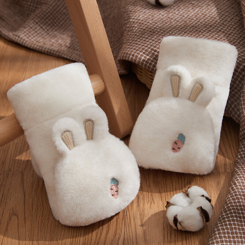 Cute Lovely Sweety Cartoon Rabbit Ears Winter Keep Warm Soft Clamshell Half Finger Gloves Fleece Thickened Drive Write