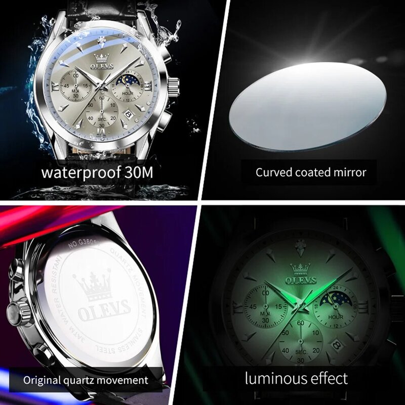 OLEVS-Relógio quartzo luminoso fase lunar impermeável masculino, pulseira de couro confortável, estilo casual fashion, original, masculino