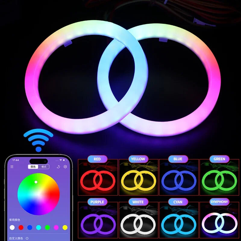 RGB LED Angel Eyes Halo Anéis, lâmpadas de farol de algodão, controle DRL Eyes APP, carro, UTV, motocicleta, 60mm, 70mm, 80mm, 2pcs