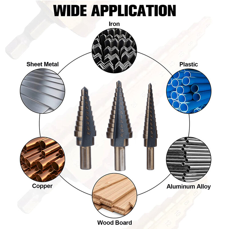 5Pcs  Titanium Step Drill Bit Set stepped Straight Groove Cobalt Multiple Hole cone Metal Hole Saw Cutter Hex Tools