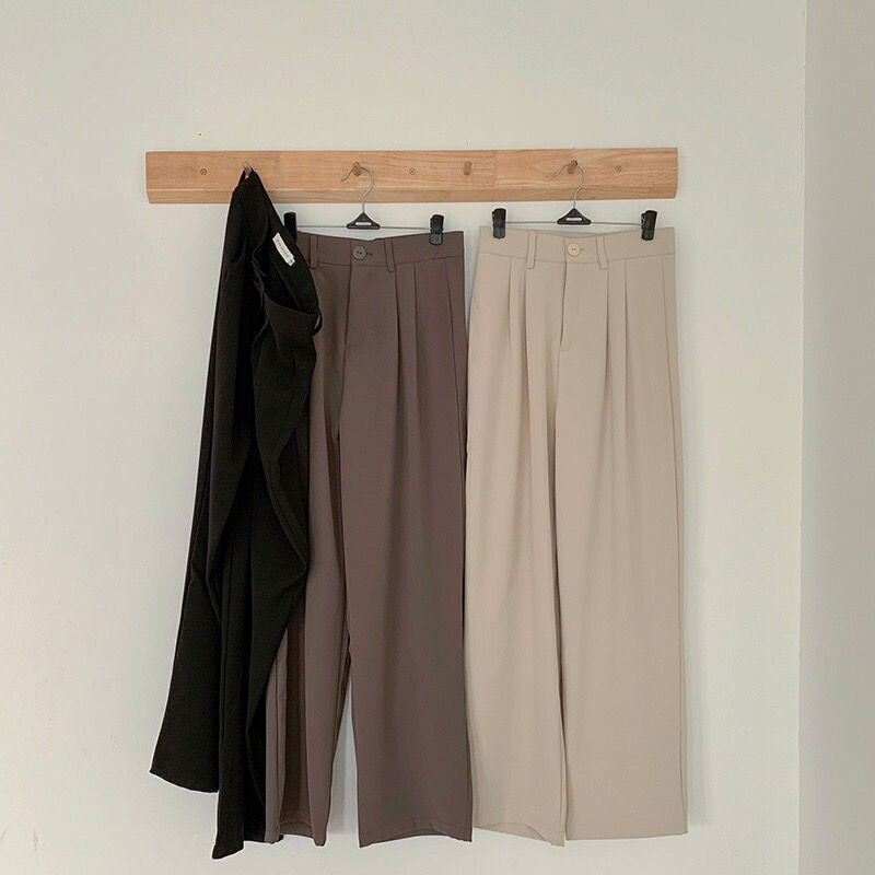 กางเกง MODE Korea ผู้หญิงเอวสูงสำหรับใส่ในสำนักงานทรงตรงไซส์ celana setelan กางเกงลำลองทรงหลวมสีดำใหม่