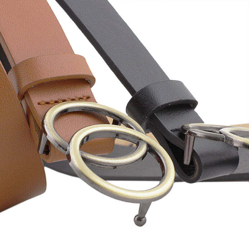 Cinturón de cuero con anillo redondo para mujer y niña, cinturón con hebilla doble de Metal, elegante, para Vaqueros