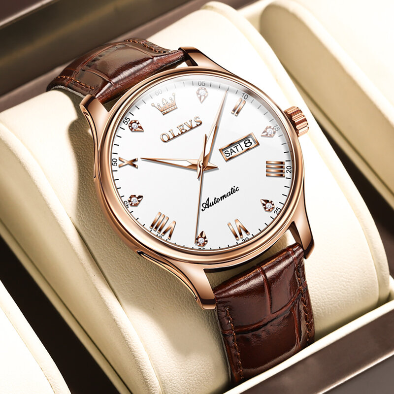 Olevs-メンズメカニカル自動腕時計、レザー、防水、カレンダー腕時計、高級、ビジネス、オリジナル、新品、2022