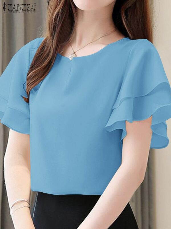 Корейские модные женские элегантные блузки ZANZEA, повседневные женские блузки с круглым вырезом, однотонные летние топы-туники 2024