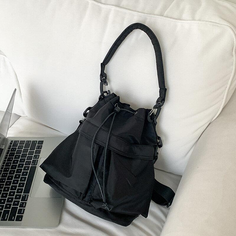Leisure Large Capacity Bucket Bag Drawstring Nylon Underarm Bag Premium Korean Handbag Commuter One Shoulder Crossbody Bag