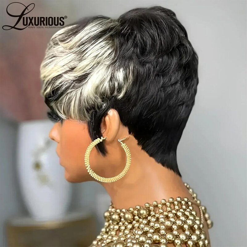 Pelucas de cabello humano virgen brasileño para mujeres negras, corte Pixie corto y recto, hecho a máquina, Borgoña, jengibre, sin pegamento