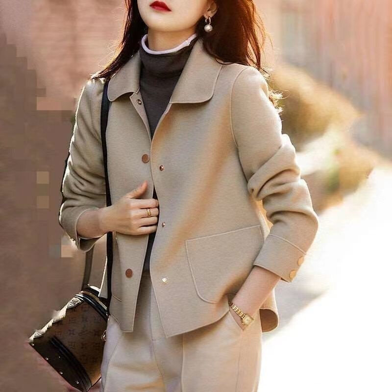 Abrigo corto de lana para mujer, prenda sencilla y ligera, a la moda, holgada, combina con todo, primavera y otoño, 2023