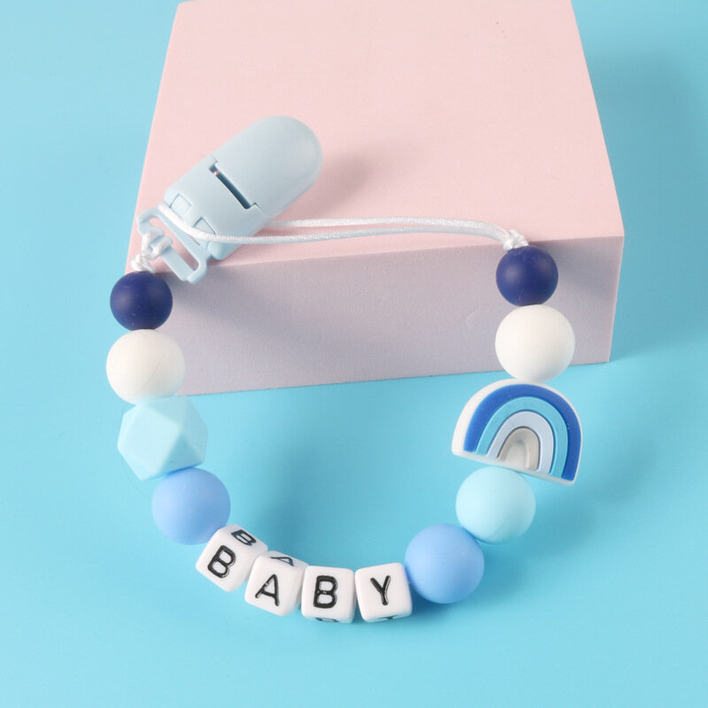 Cadena de soporte de chupete con nombre personalizado, mordedor de silicona con Clip de madera de haya hecho a mano, juguete de dentición para bebé, regalo para masticar para recién nacido
