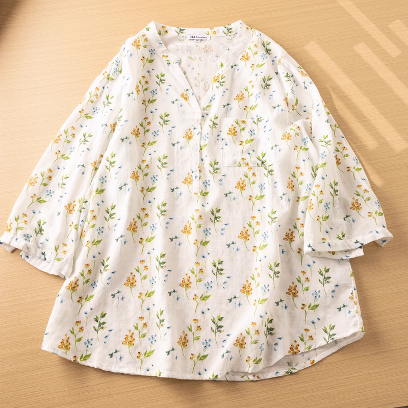Elegante camisa de algodão estampada de manga 3/4 feminina, blusas de tamanho grande, tops da moda coreana verão e outono
