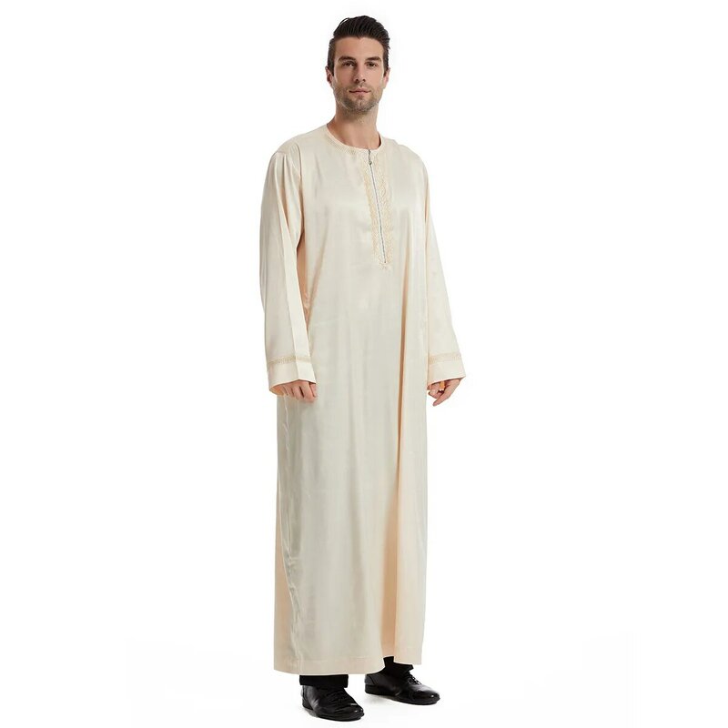 Muslimische Mode Männer Jubba Thobe Langarm weiße Farbe Rundhals ausschnitt islamische arabische Kaftan Männer Abaya islamische Kleidung