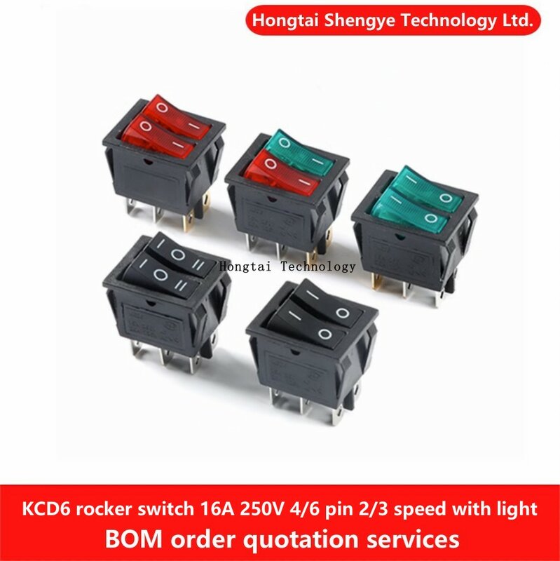 LED 장착 보트 타입 로커 트윈 램프 듀플렉스 전원 스위치, KCD6 KCD8, 4/6 핀, 2/3 속도, 블랙, 레드, 그린, 16A, 250V, 20A, 125V