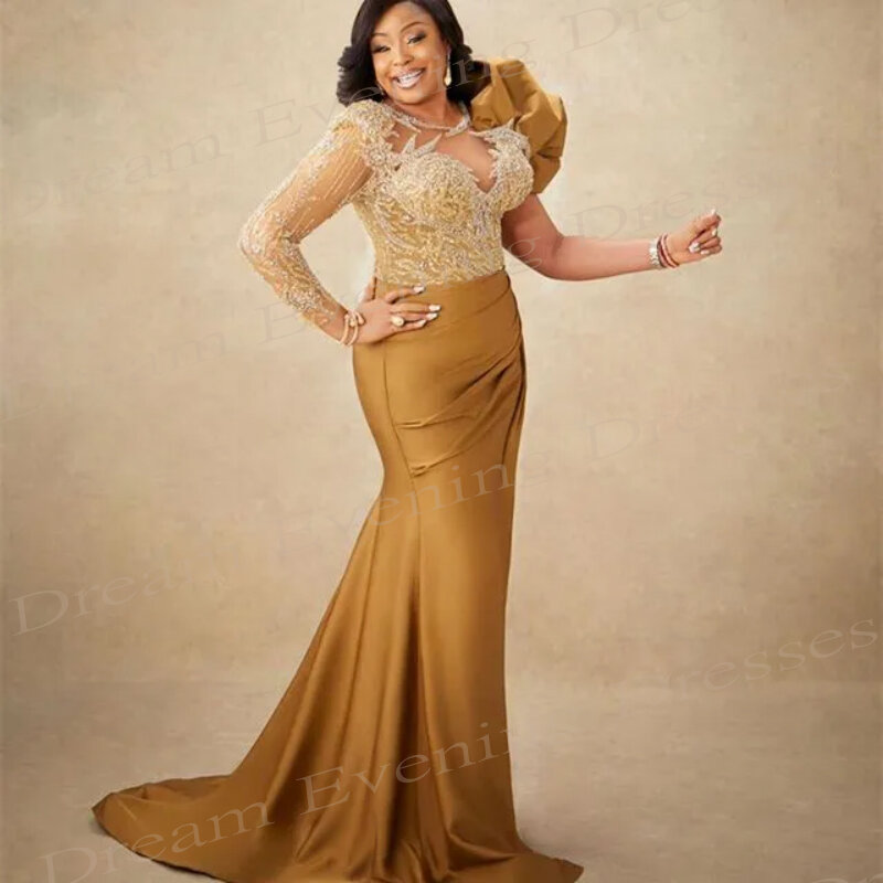 Arabic Gold Mermaid Graceful Formal Evening Dresses New Satin Lace Beads Prom Gowns Modern Floor-Length Vestidos De Graduación