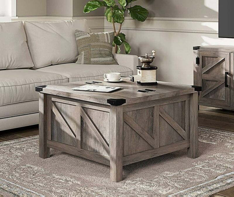 WAMPAT-Table basse carrée avec dessus élévateur et rangement, table centrale de ferme rustique, salon, 30 po x 30 po, gris lavage