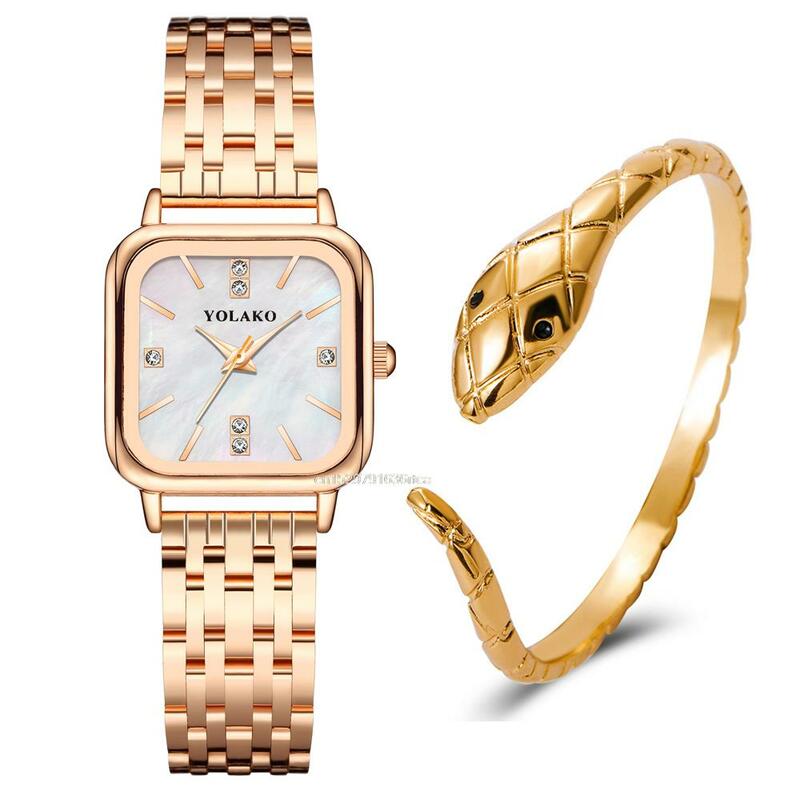 Marcas de lujo Mujeres Reloj de Cuarzo Cuadrado de Moda con Diamantes Diseño de la superficie de la concha de mar Color de Oro Fina Correa de Metal Relojes