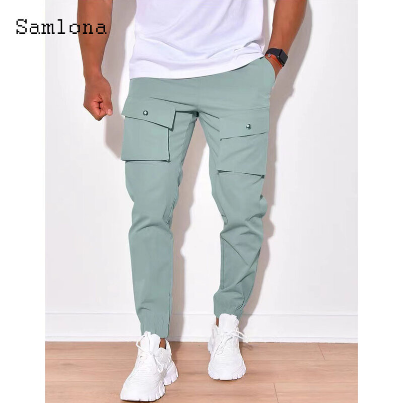 2024 Men Stand Pocket Fashion Hip Hop Trouser Solid Emerald Ankle-Length Sweatpants Plus Size 3xl Mens Casual Drawstring Pants
