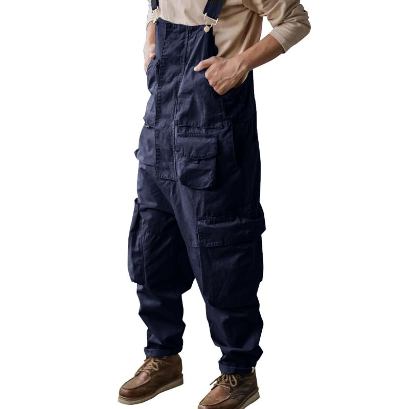 Baju kodok pria ukuran besar warna Solid gaya kargo semua cocok Bib baju terusan harian perjalanan nyaman pakaian kerja Romper
