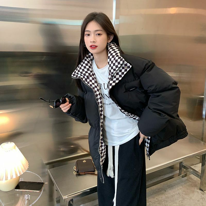 Bawełniana kurtka w kratę w szachownicę damska 2023 zimowa w stylu leśnym kurtka puchowa in koreańska wersja luźno dopasowane bawełniana kurtka